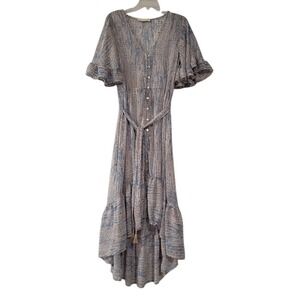 Lovestitch Maxi Dress Women Blue Pink L Ruffled V Neck Gold Tone Accent Lace